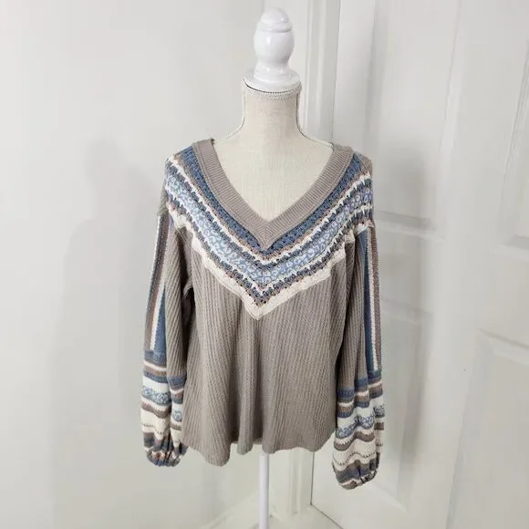 Free People Sweater Womens XS Copenhagen Thermal Waffle Contrasting Sleeves - Picture 16 of 16